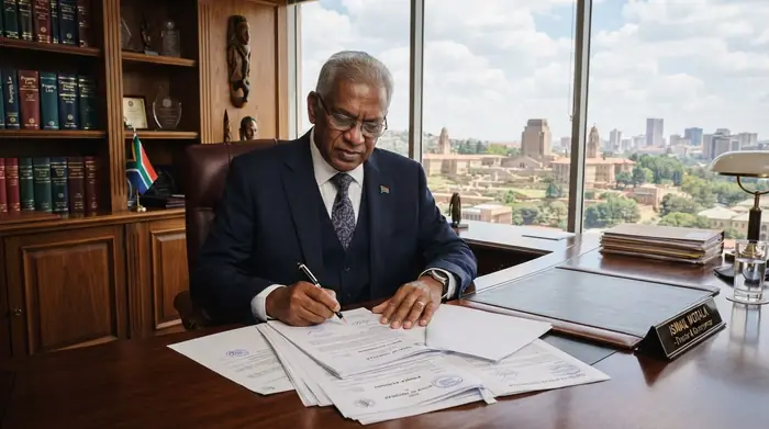 Senior attorney and conveyancer reviewing signed deeds and legal documents