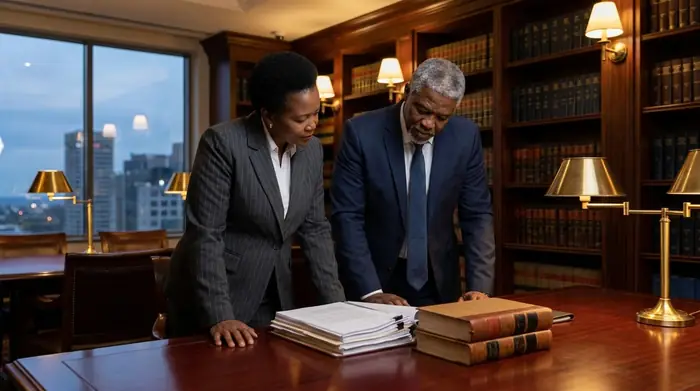 Distinguished South African litigation attorney conferring in law library