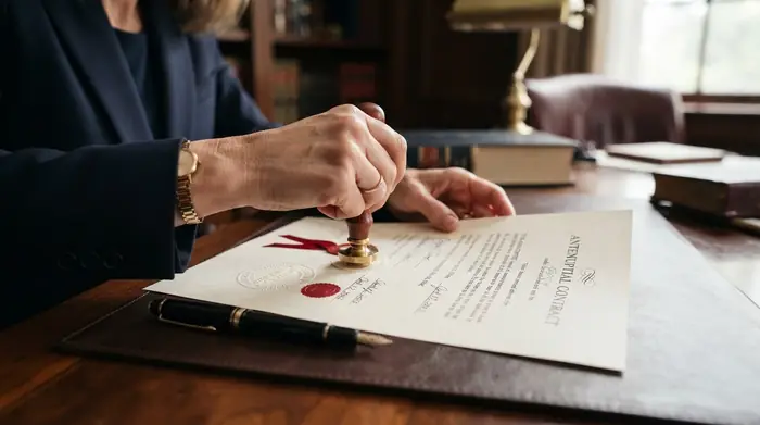 Official gold wax seal stamp and fountain pen authenticating notarial deeds